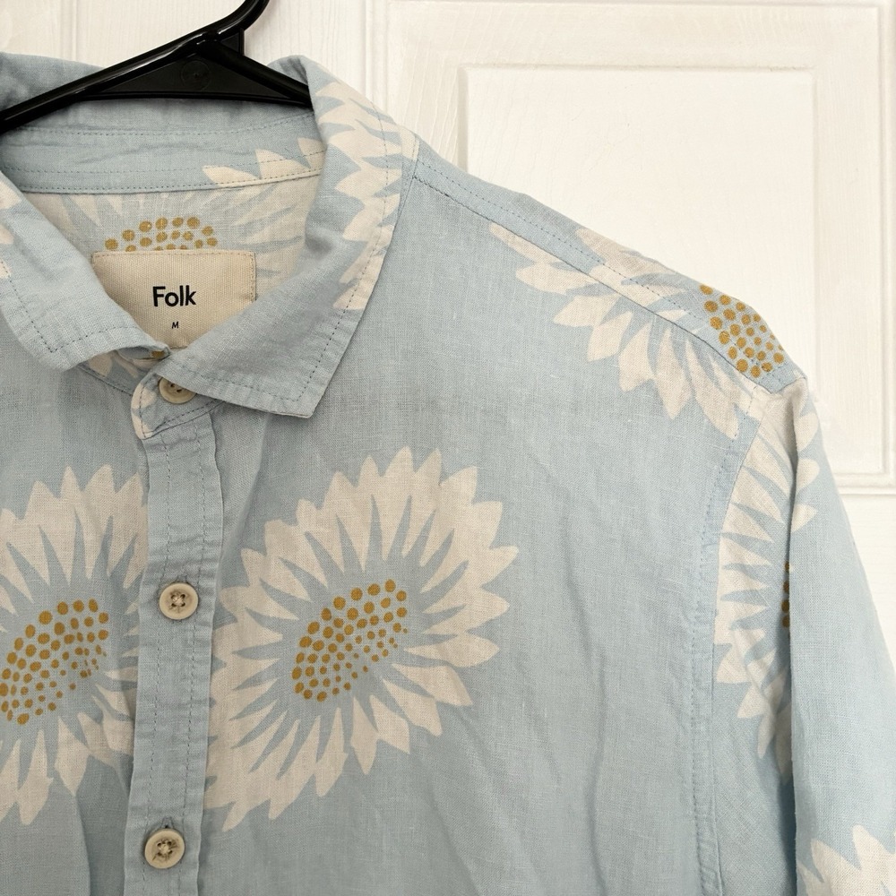 Folk Drake Short Sleeve Linen Blend Button Shirt Flowers Blue Mens Medium